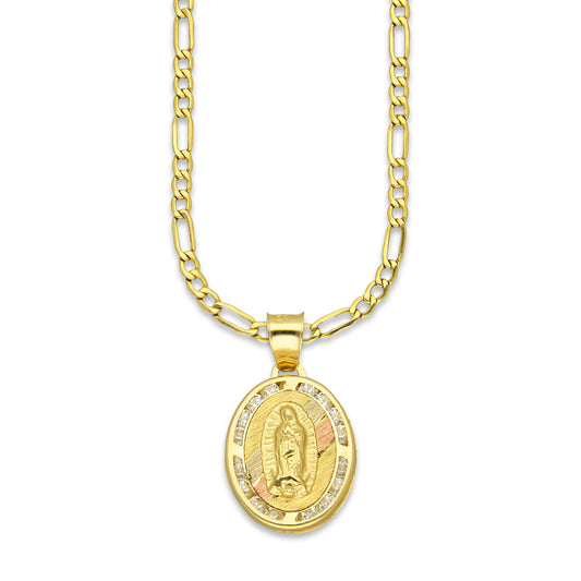 LPDPAU009 Cadena Oro Sólido 10K + Dije Medalla Oro Sólido 10K Virgen Oval con Zirconias Abultado Florentino 1.4 cm x 2.4 cm