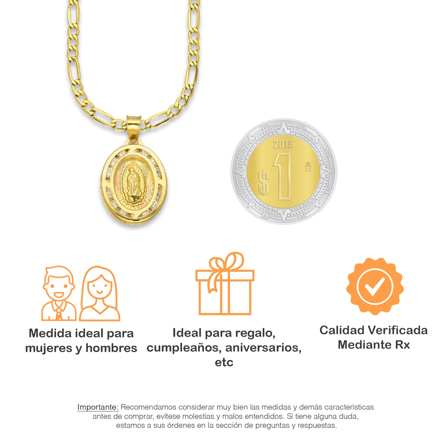 LPDPAU010 Cadena Oro Sólido 10K + Dije Medalla Oro Sólido 10K Virgen Oval con Zirconias Radial Florentino 1.2 cm x 2.1 cm
