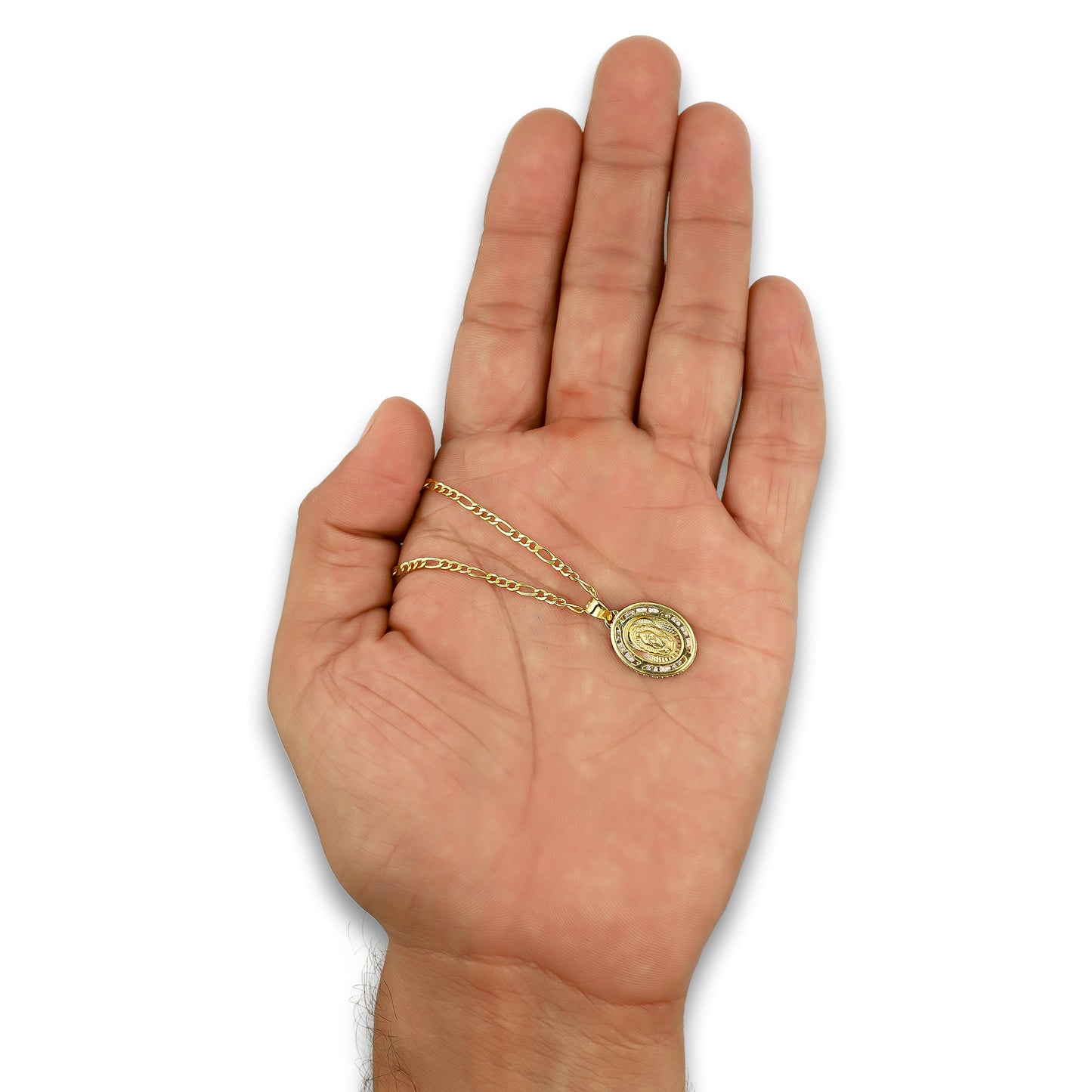 LPDPAU010 Cadena Oro Sólido 10K + Dije Medalla Oro Sólido 10K Virgen Oval con Zirconias Radial Florentino 1.2 cm x 2.1 cm