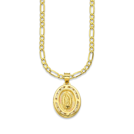 LPDPAU010 Cadena Oro Sólido 10K + Dije Medalla Oro Sólido 10K Virgen Oval con Zirconias Radial Florentino 1.2 cm x 2.1 cm