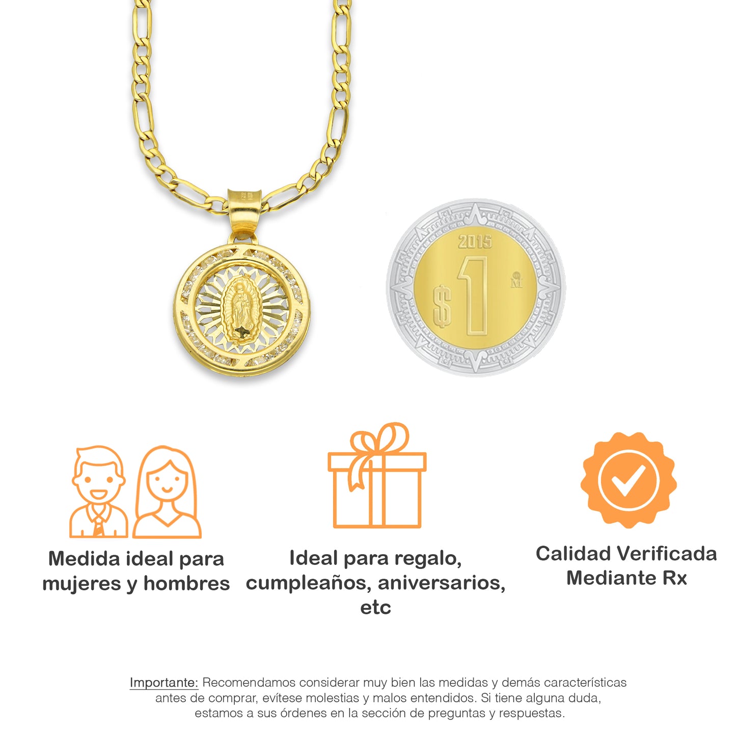 LPDPAU011 Cadena Oro Sólido 10K + Dije Medalla Oro Sólido 10K Virgen Redonda con Zirconias Radial Calado Amarillo 1.6 cm x 2.2 cm