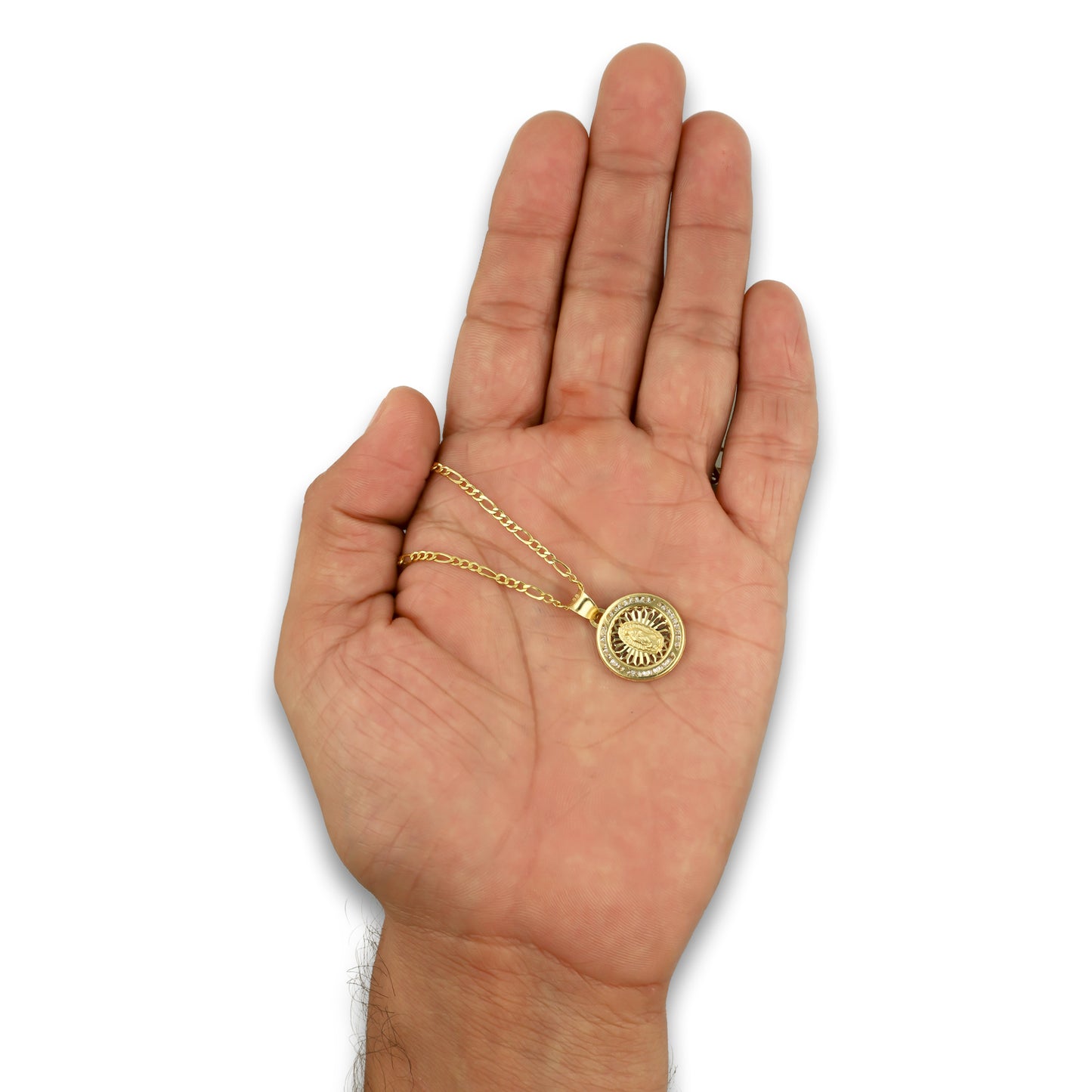 LPDPAU011 Cadena Oro Sólido 10K + Dije Medalla Oro Sólido 10K Virgen Redonda con Zirconias Radial Calado Amarillo 1.6 cm x 2.2 cm