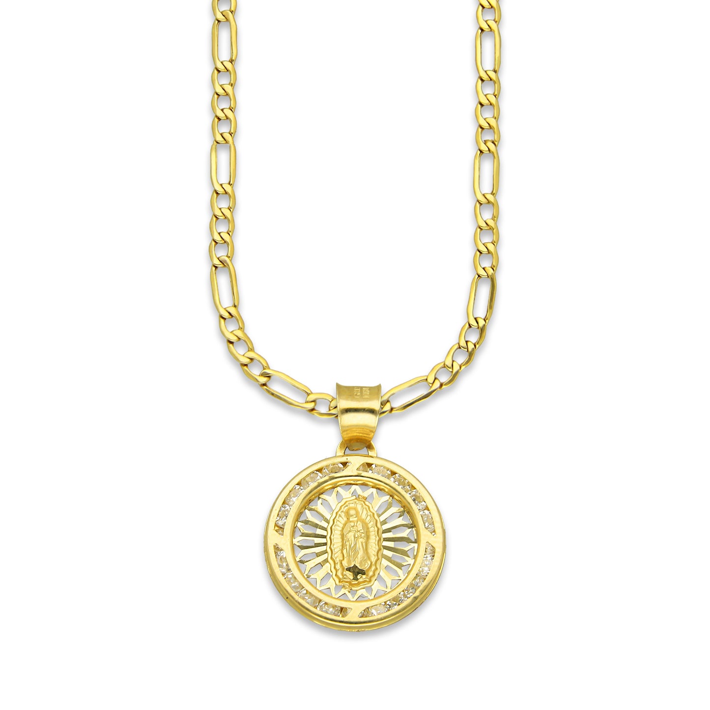 LPDPAU011 Cadena Oro Sólido 10K + Dije Medalla Oro Sólido 10K Virgen Redonda con Zirconias Radial Calado Amarillo 1.6 cm x 2.2 cm