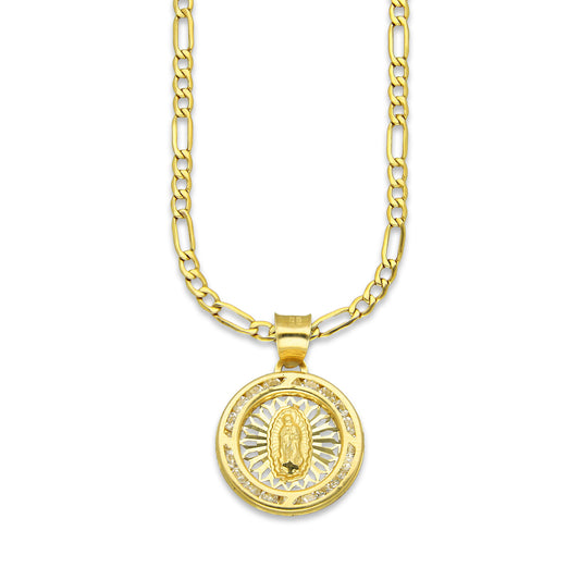 LPDPAU011 Cadena Oro Sólido 10K + Dije Medalla Oro Sólido 10K Virgen Redonda con Zirconias Radial Calado Amarillo 1.6 cm x 2.2 cm