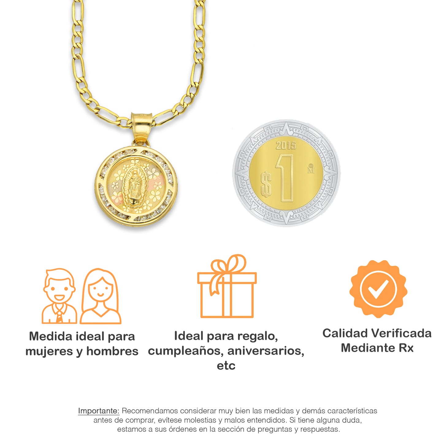 LPDPAU012 Cadena Oro Sólido 10K + Dije Medalla Oro Sólido 10K Virgen Redonda con Zirconias Flores Florentino 1.6 cm x 2.2 cm