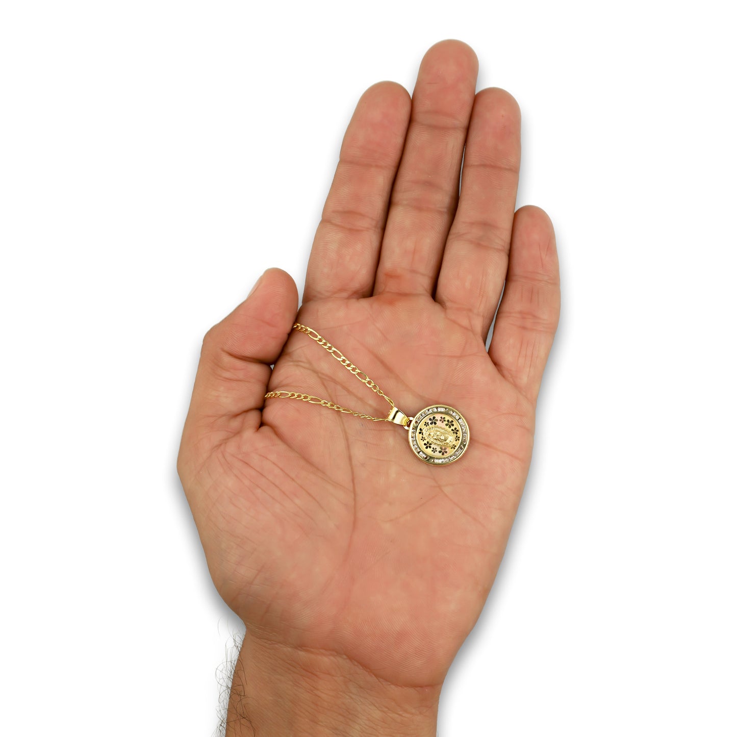 LPDPAU012 Cadena Oro Sólido 10K + Dije Medalla Oro Sólido 10K Virgen Redonda con Zirconias Flores Florentino 1.6 cm x 2.2 cm