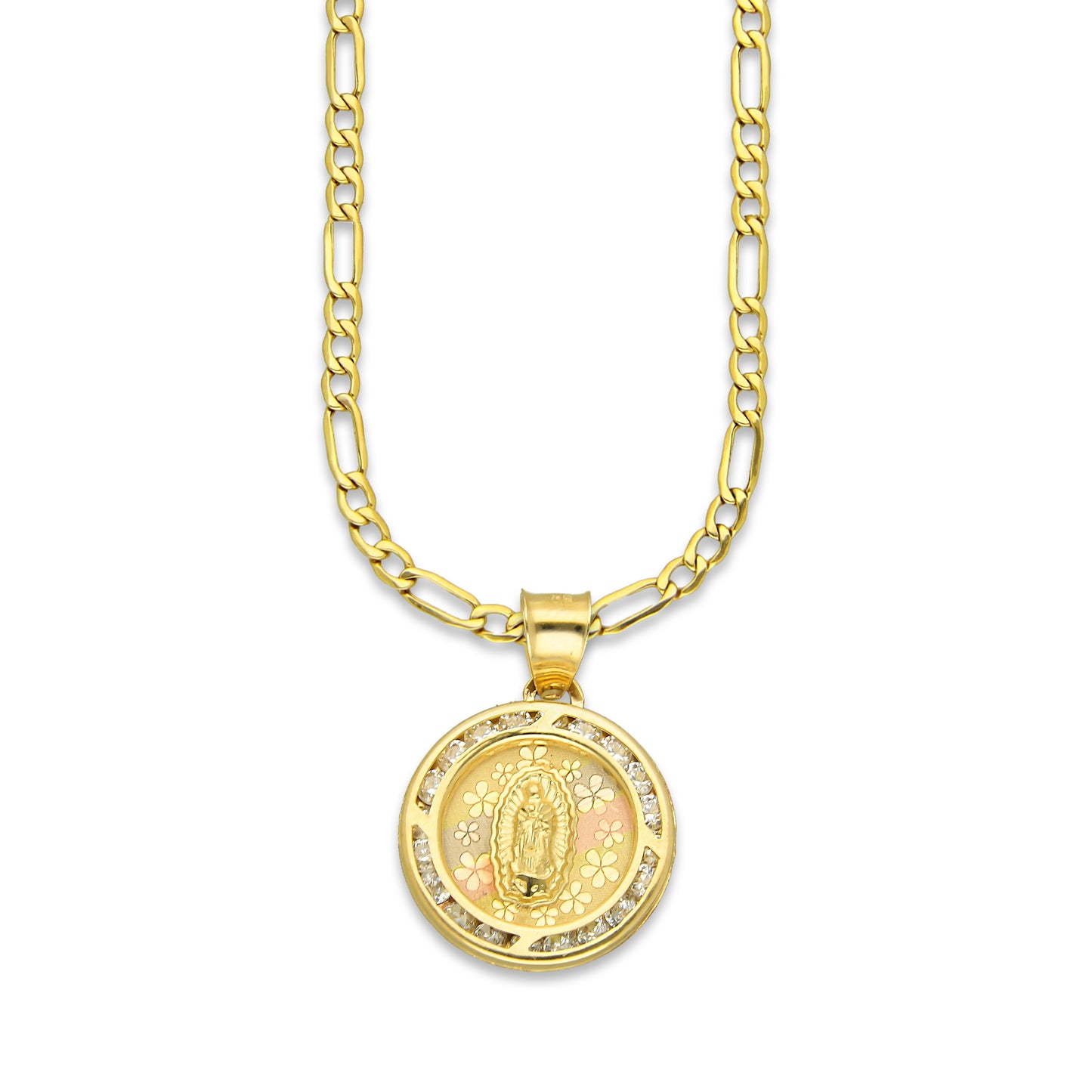 LPDPAU012 Cadena Oro Sólido 10K + Dije Medalla Oro Sólido 10K Virgen Redonda con Zirconias Flores Florentino 1.6 cm x 2.2 cm