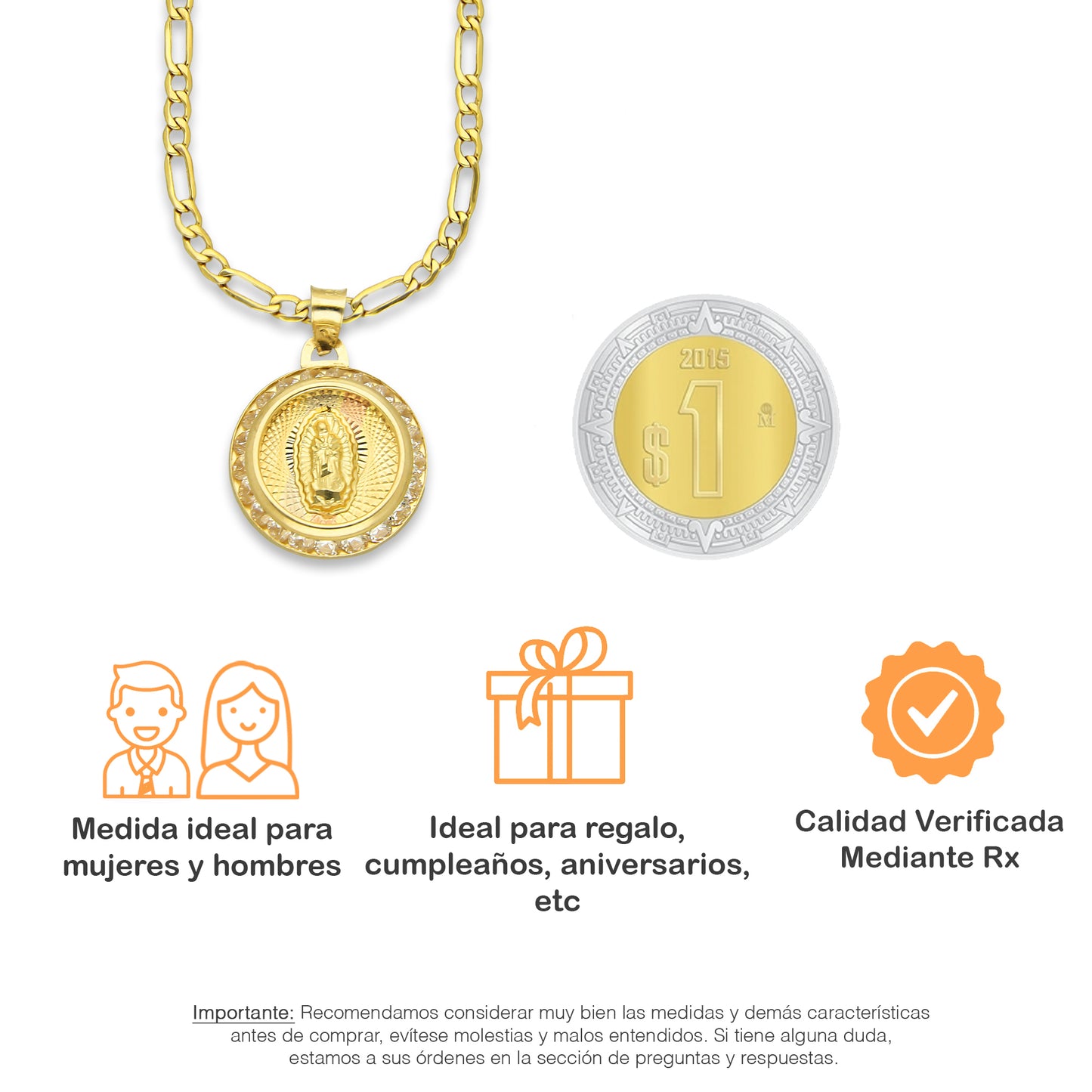 LPDPAU013 Cadena Oro Sólido 10K + Dije Medalla Oro Sólido 10K Virgen Redonda con Zirconias Radial Florentino 1.5 cm x 2.1 cm