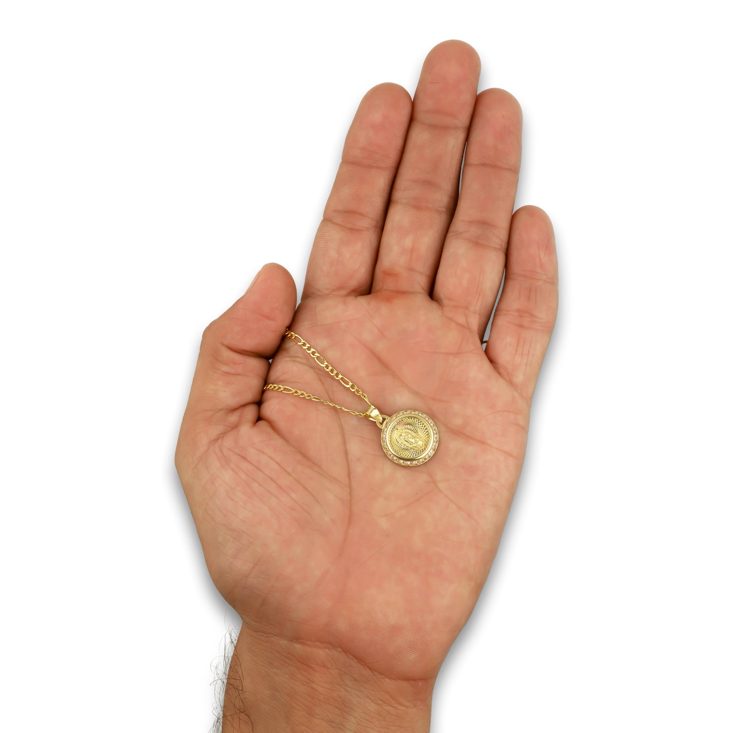 LPDPAU013 Cadena Oro Sólido 10K + Dije Medalla Oro Sólido 10K Virgen Redonda con Zirconias Radial Florentino 1.5 cm x 2.1 cm