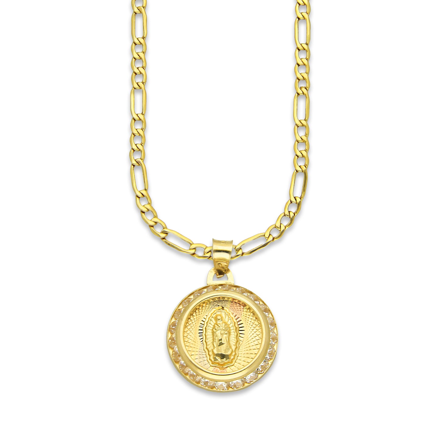 LPDPAU013 Cadena Oro Sólido 10K + Dije Medalla Oro Sólido 10K Virgen Redonda con Zirconias Radial Florentino 1.5 cm x 2.1 cm