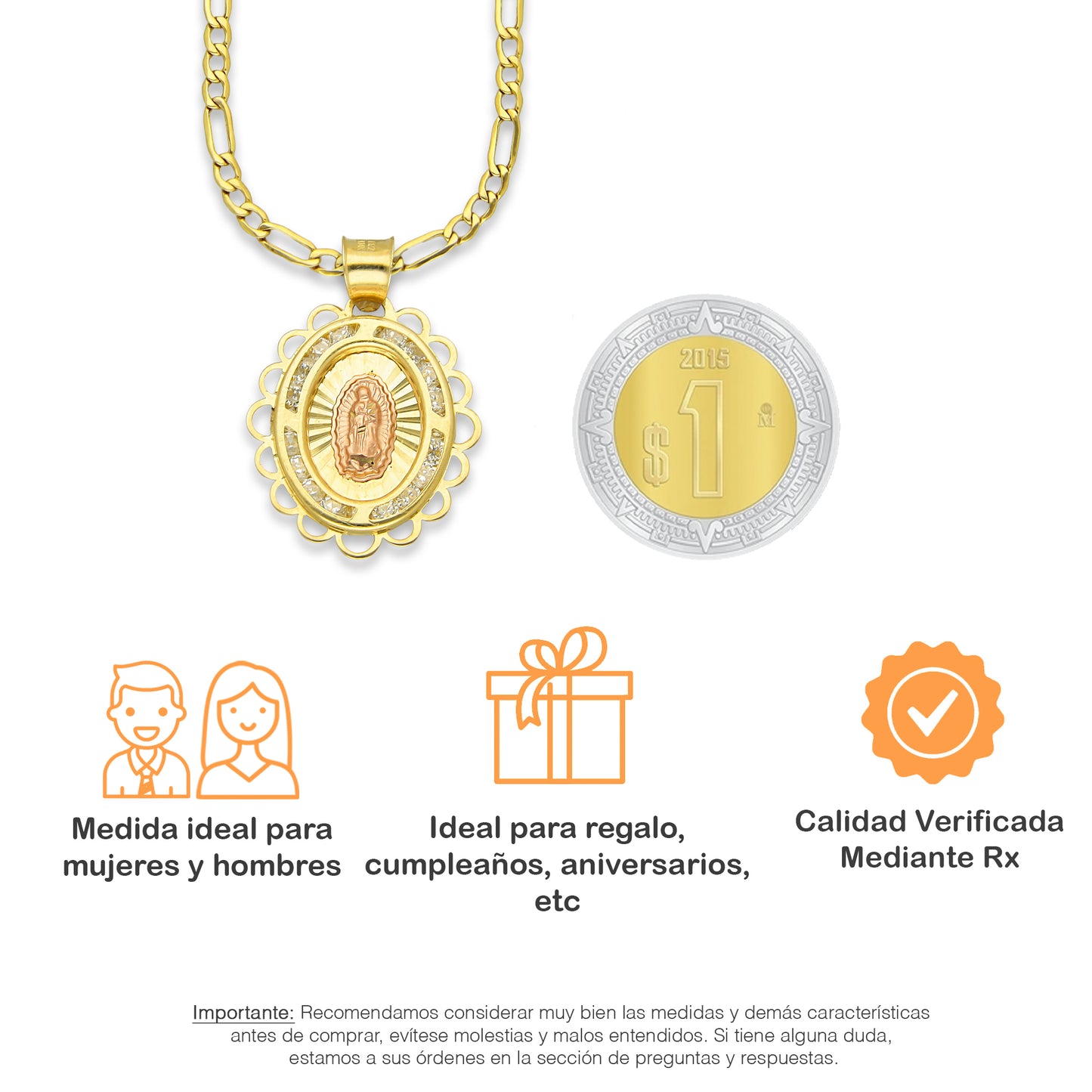 LPDPAU014 Cadena Oro Sólido 10K + Dije Medalla Oro Sólido 10K Virgen Oval con Zirconias Olan Cobriso 1.8 cm x 2.6 cm