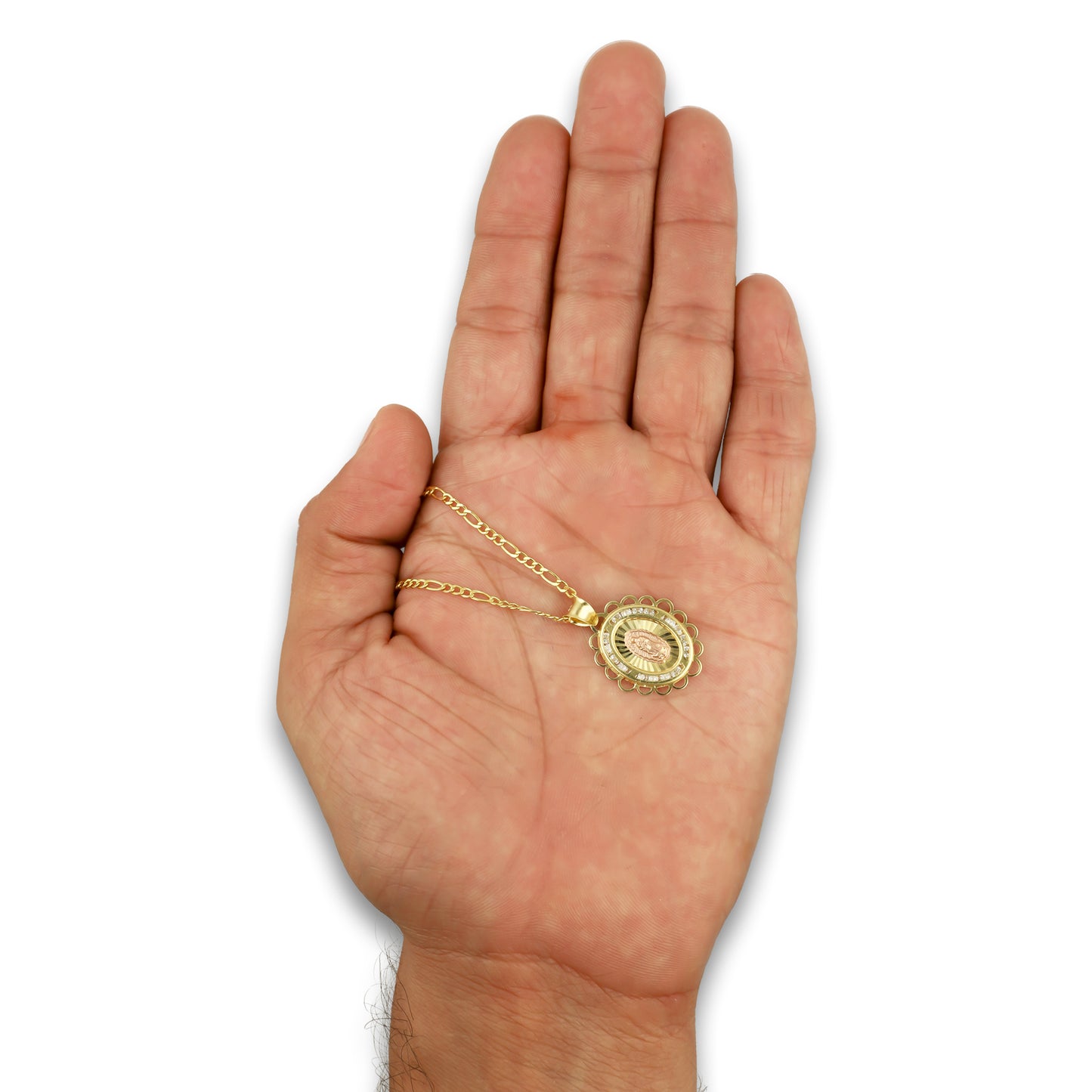LPDPAU014 Cadena Oro Sólido 10K + Dije Medalla Oro Sólido 10K Virgen Oval con Zirconias Olan Cobriso 1.8 cm x 2.6 cm