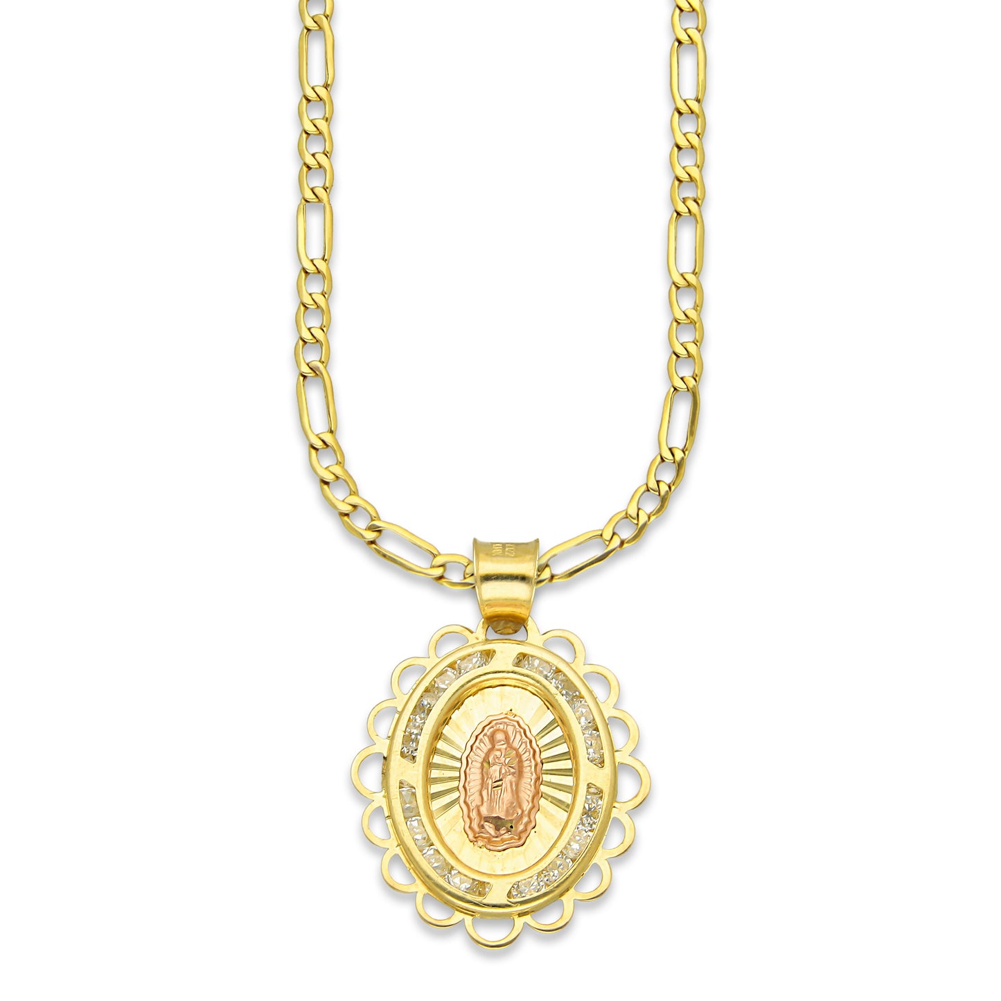 LPDPAU014 Cadena Oro Sólido 10K + Dije Medalla Oro Sólido 10K Virgen Oval con Zirconias Olan Cobriso 1.8 cm x 2.6 cm