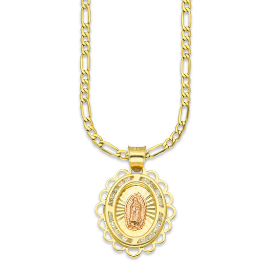 LPDPAU014 Cadena Oro Sólido 10K + Dije Medalla Oro Sólido 10K Virgen Oval con Zirconias Olan Cobriso 1.8 cm x 2.6 cm