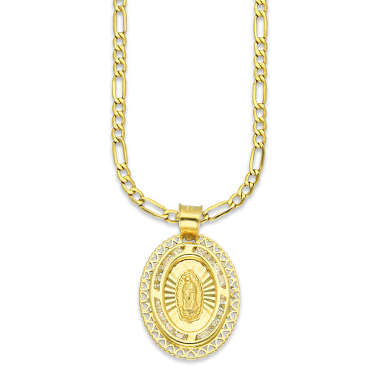 LPDPAU015 Cadena Oro Sólido 10K + Dije Medalla Oro Sólido 10K Virgen Oval Olan con Zirconias Orilla Corazones 1.7 cm x 2.6 cm