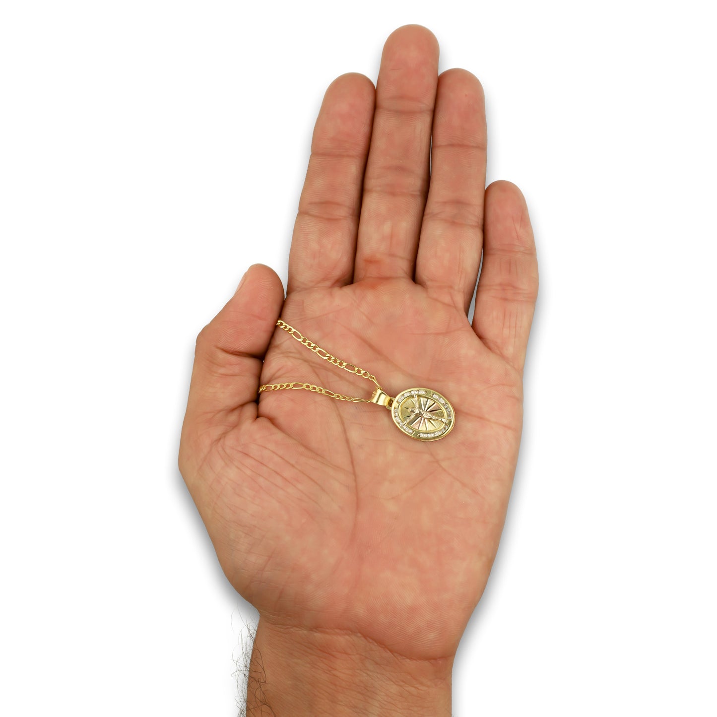 LPDPAU017 Cadena Oro Sólido 10K + Dije Medalla Oro Sólido 10K Cristo Oval Radial Florentino 1.4 cm x 2.4 cm