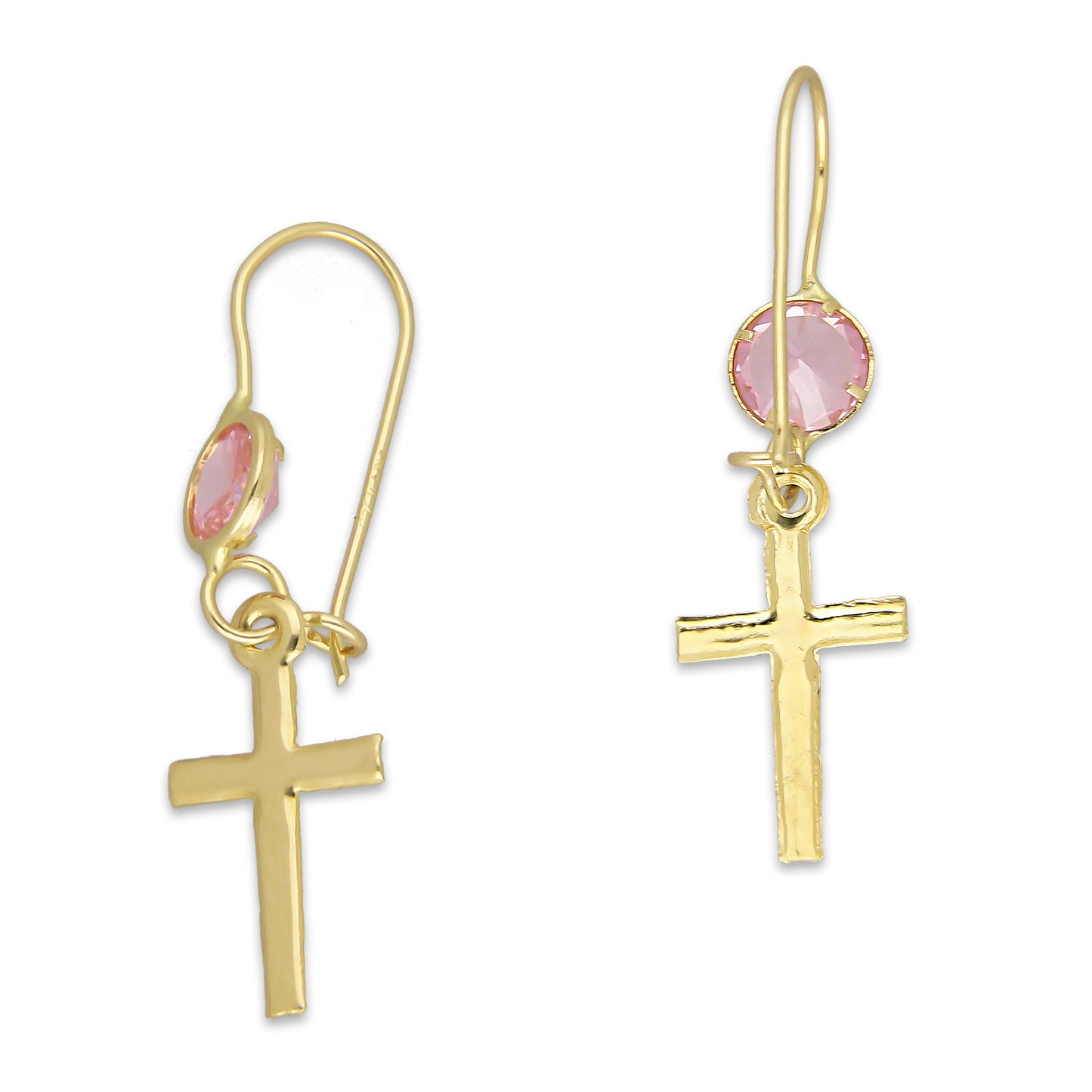 LPEAR002 Arete Arillo Oro Sólido 10K Modelo Cruz Colgante con Zirconia Rosa 2531023063