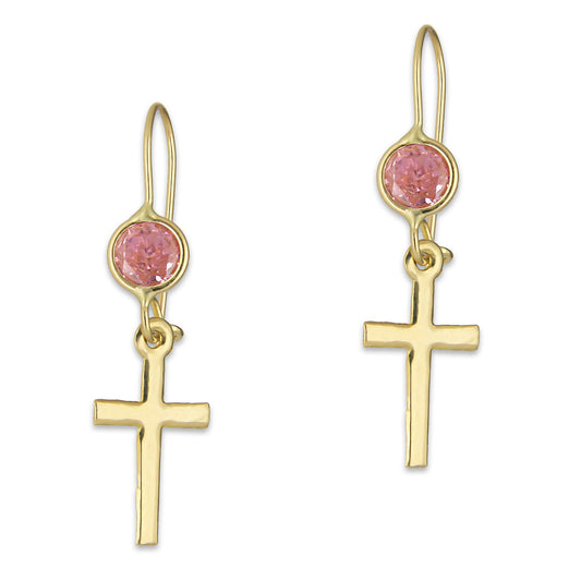 LPEAR002 Arete Arillo Oro Sólido 10K Modelo Cruz Colgante con Zirconia Rosa 2531023063