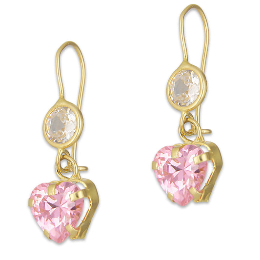 LPEAR006 Arete Arillo Oro Sólido 10K Modelo Corazón de Zirconia Rosa Colgante 2531074521