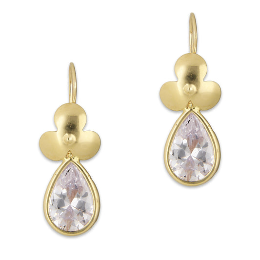 LPEAR007 Arete Arillo Oro Sólido 10K Modelo Trébol con Zirconia de Gota Blanca 2530984167