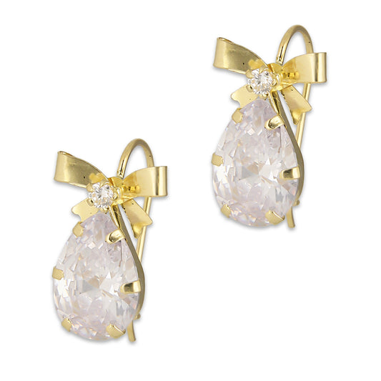 LPEAR008 Arete Arillo Oro Sólido 10K Modelo Moñito con Zirconia de Gota Blanca 2530996899