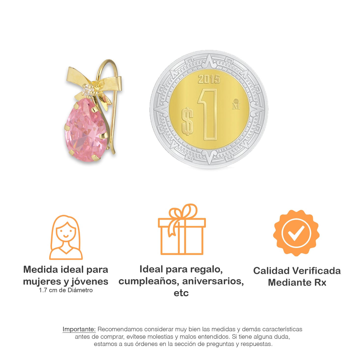 LPEAR009 Arete Arillo Oro Sólido 10K Modelo Moñito con Zirconia de Gota Rosa 2531139165