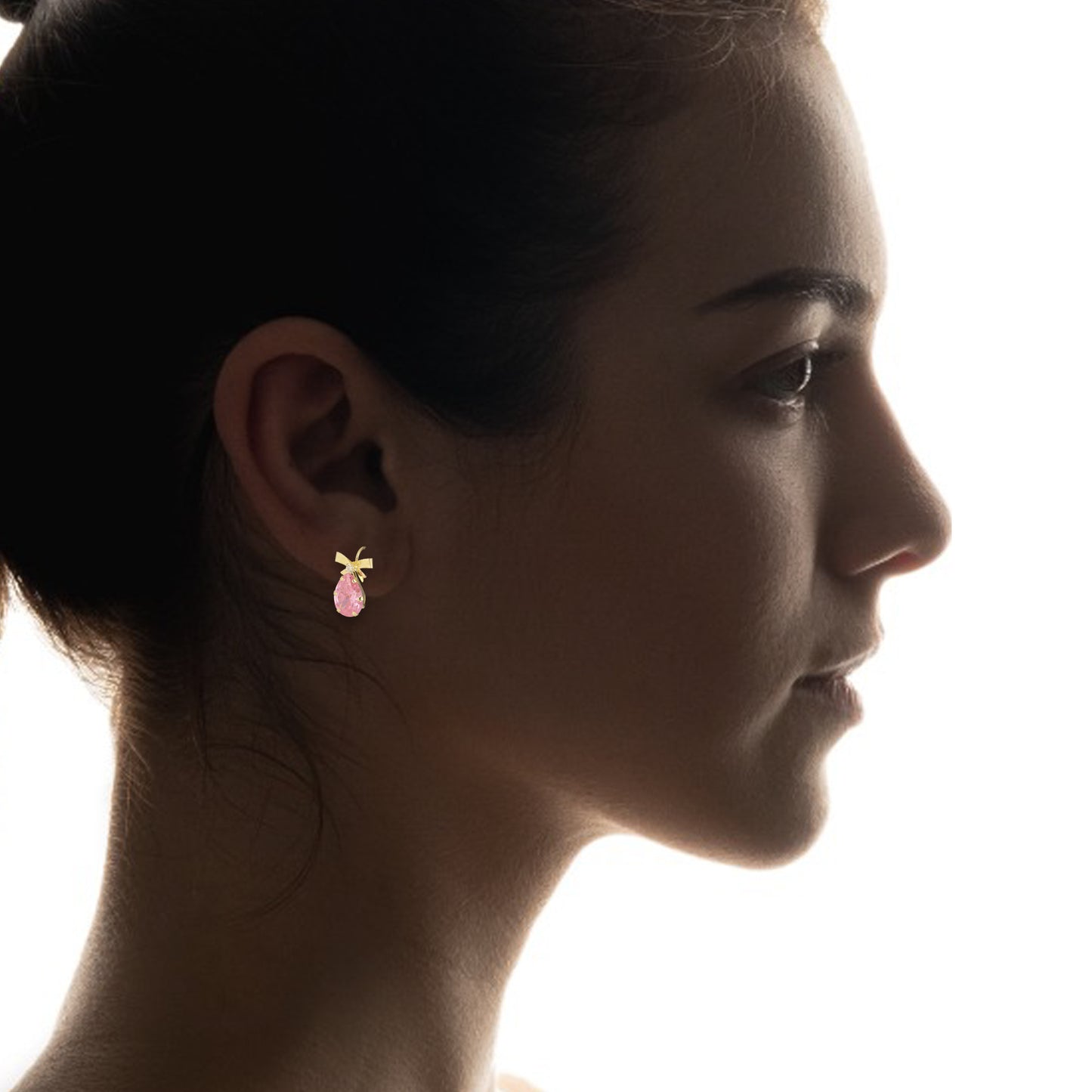 LPEAR009 Arete Arillo Oro Sólido 10K Modelo Moñito con Zirconia de Gota Rosa 2531139165