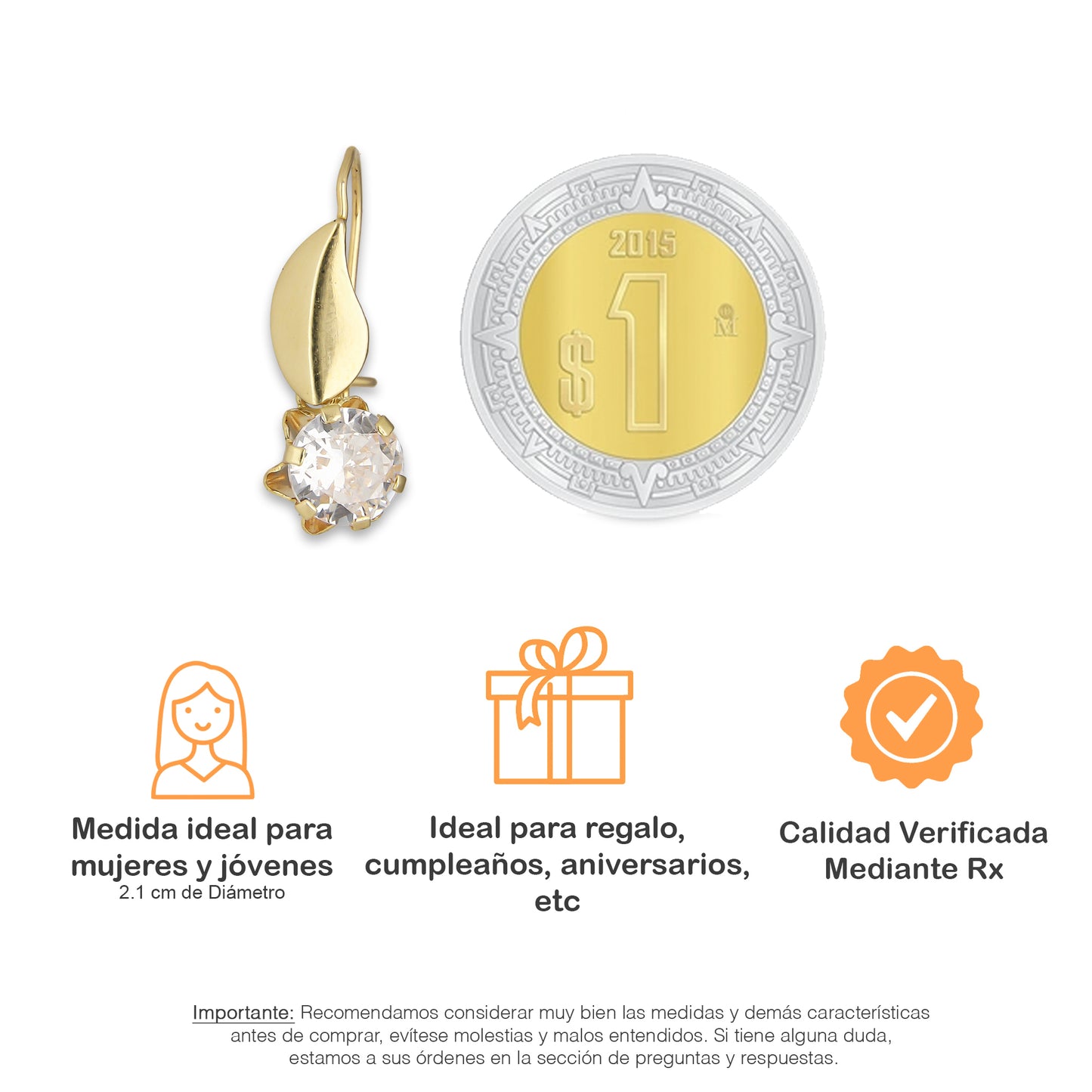 LPEAR011 Arete Arillo Oro Sólido 10K Modelo Hojita Lisa con Zirconia Blanca Redonda Colgante 2531152145