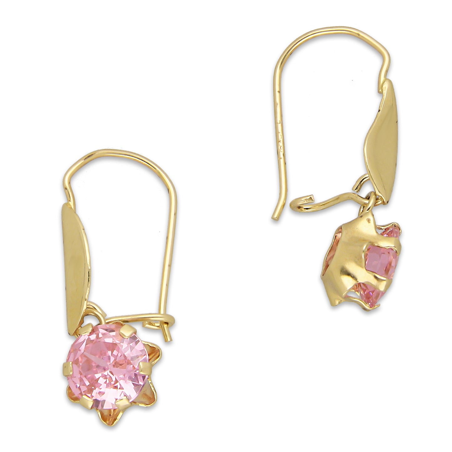 LPEAR012 Arete Arillo Oro Sólido 10K Modelo Hojita Lisa con Zirconia Rosa Redonda Colgante 2530996897