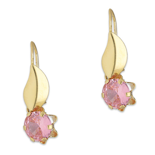 LPEAR012 Arete Arillo Oro Sólido 10K Modelo Hojita Lisa con Zirconia Rosa Redonda Colgante 2530996897