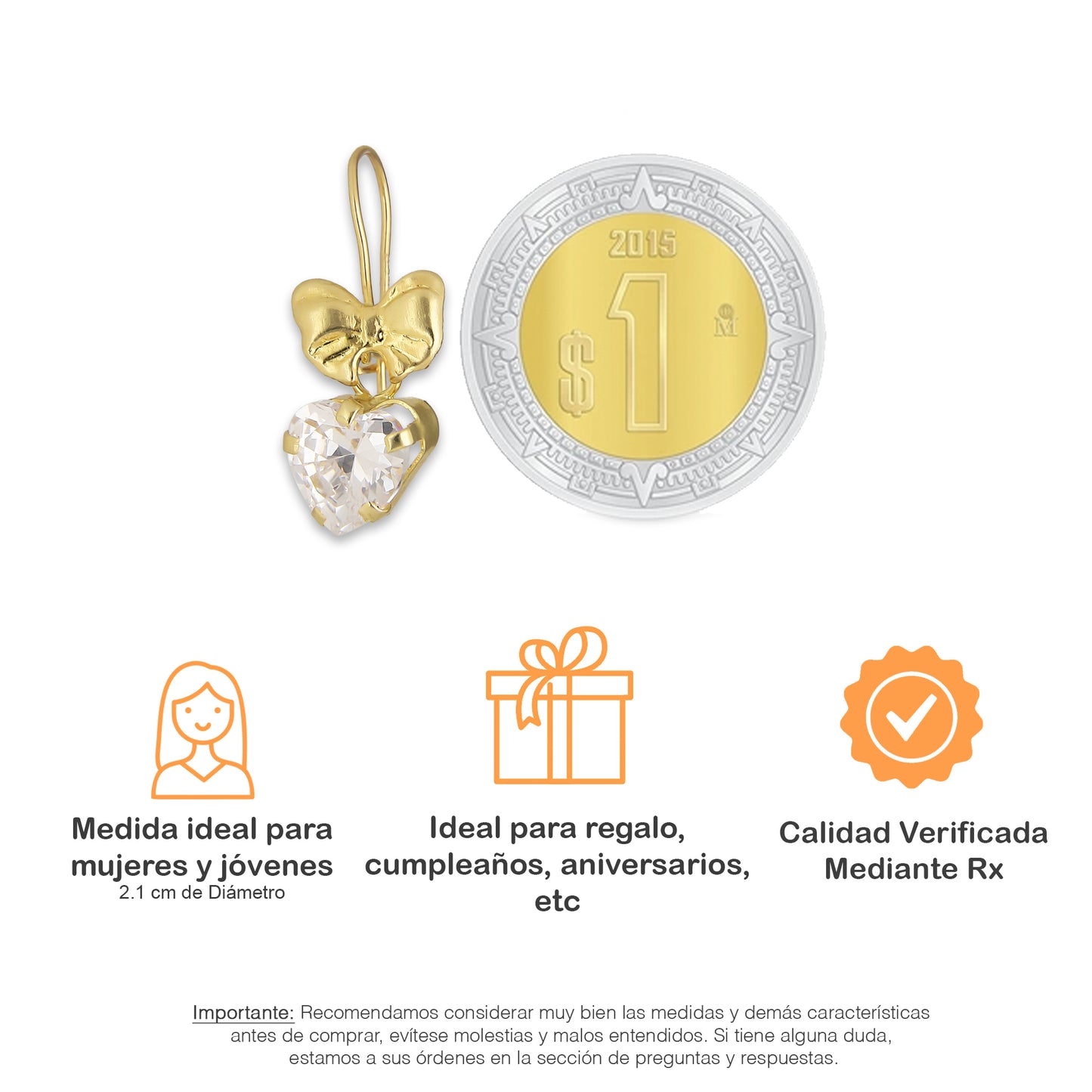 LPEAR013 Arete Arillo Oro Sólido 10K Modelo Moñito Troquelado con Zirconia Blanca Corazón Colgante 2531048877