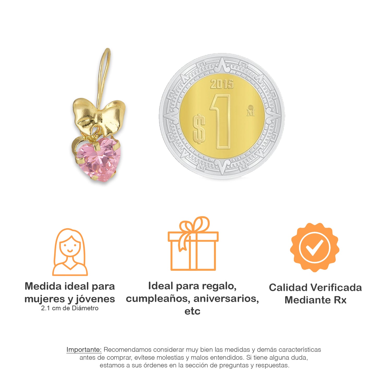 LPEAR014 Arete Arillo Oro Sólido 10K Modelo Moñito Troquelado con Zirconia Rosa Corazón Colgante 2530984169