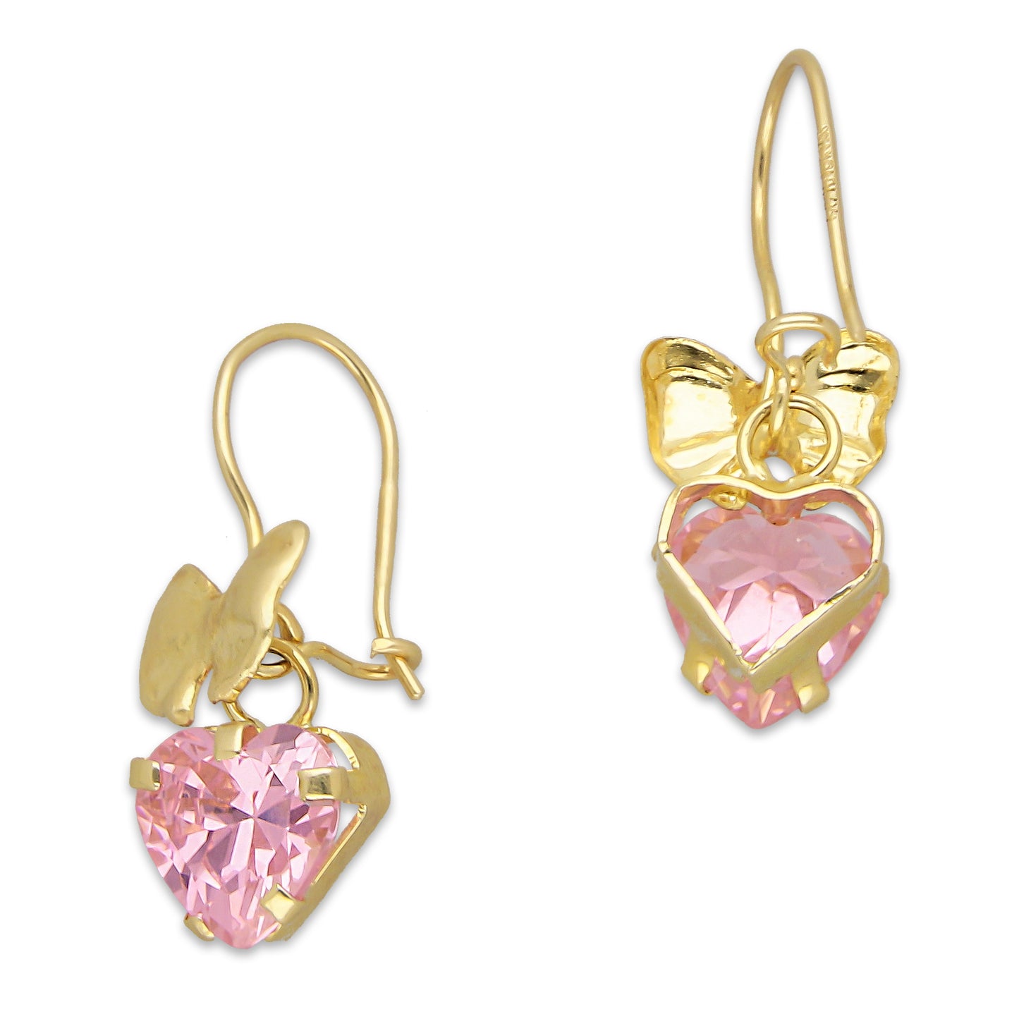 LPEAR014 Arete Arillo Oro Sólido 10K Modelo Moñito Troquelado con Zirconia Rosa Corazón Colgante 2530984169
