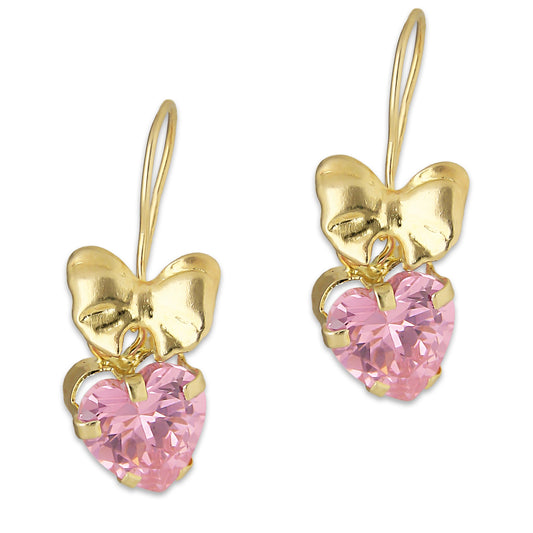 LPEAR014 Arete Arillo Oro Sólido 10K Modelo Moñito Troquelado con Zirconia Rosa Corazón Colgante 2530984169