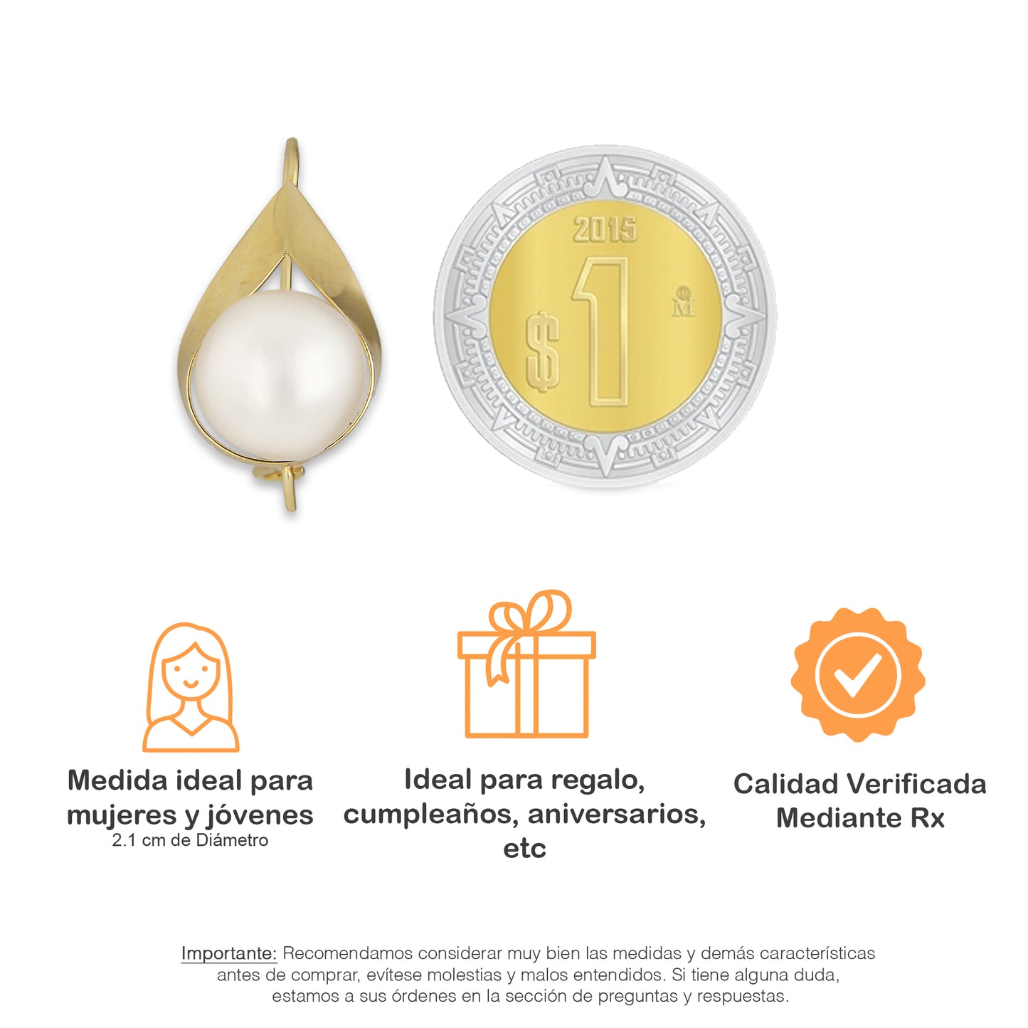 LPEAR015 Arete Arillo Oro Sólido 10K Modelo Gota Lisa con Perla 8 mm 2531187859