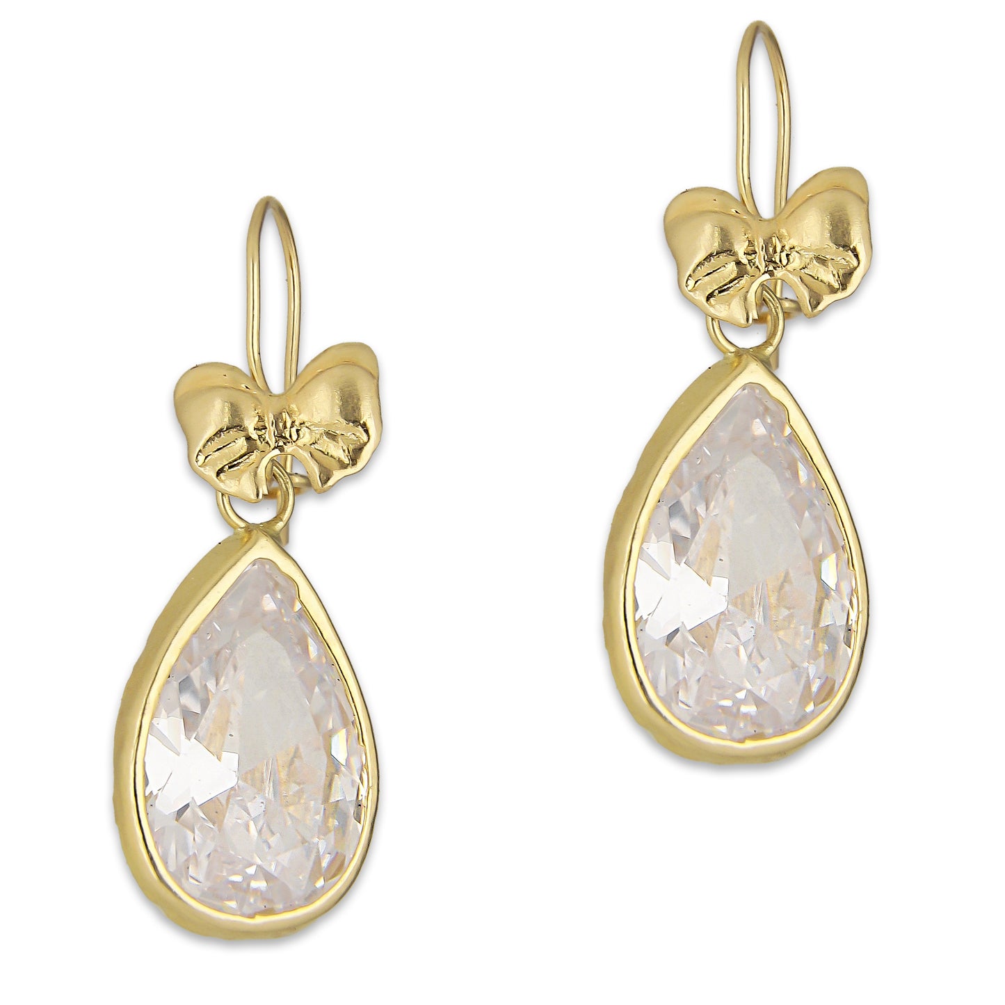 LPEAR017 Arete Arillo Oro Sólido 10K Modelo Moñito Troquelado con Gota de Zirconia Blanca Colgante 2530958523