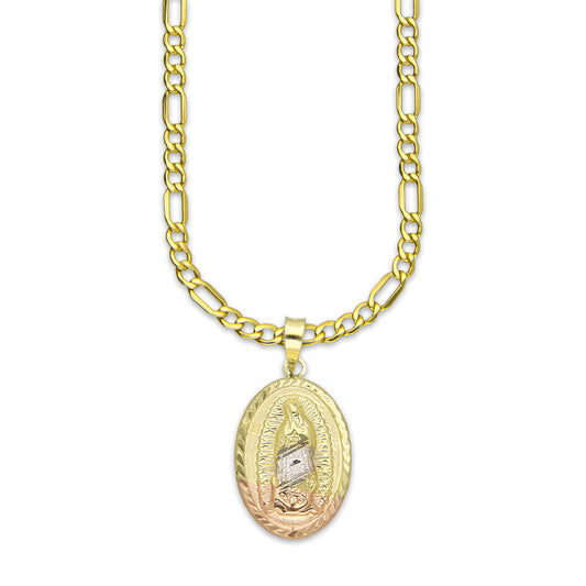 LPEDP001 Cadena Oro Sólido 10K + Dije Medalla Oval Troquelada Oro Sólido 14K Florentino Virgen de Guadalupe 1.5 cm x 2.8 cm 4293620574