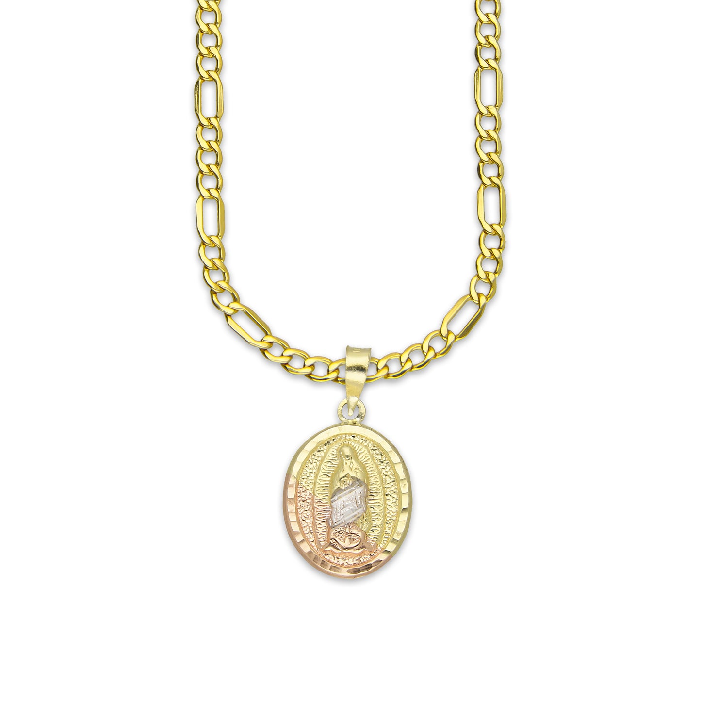 LPEDP002 Cadena Oro Sólido 10K + Dije Medalla Oval Troquelada Oro Sólido 14K Florentino Virgen de Guadalupe 1.3 cm x 2.4 cm 2533033781