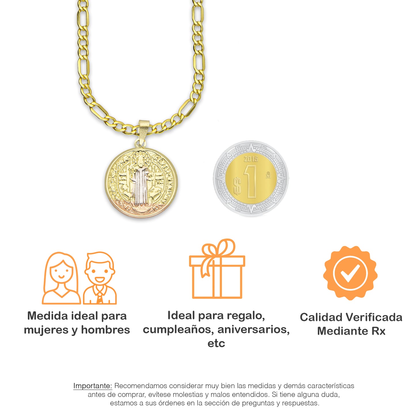 LPEDP004 Cadena Oro Sólido 10K + Dije Medalla Redonda Troquelada Oro Sólido 14K Florentino San Benito 1.8 cm x 2.5 cm 4293581798