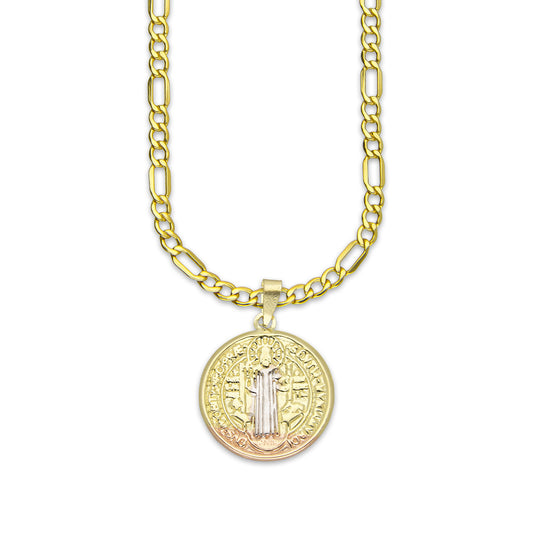 LPEDP004 Cadena Oro Sólido 10K + Dije Medalla Redonda Troquelada Oro Sólido 14K Florentino San Benito 1.8 cm x 2.5 cm 4293581798