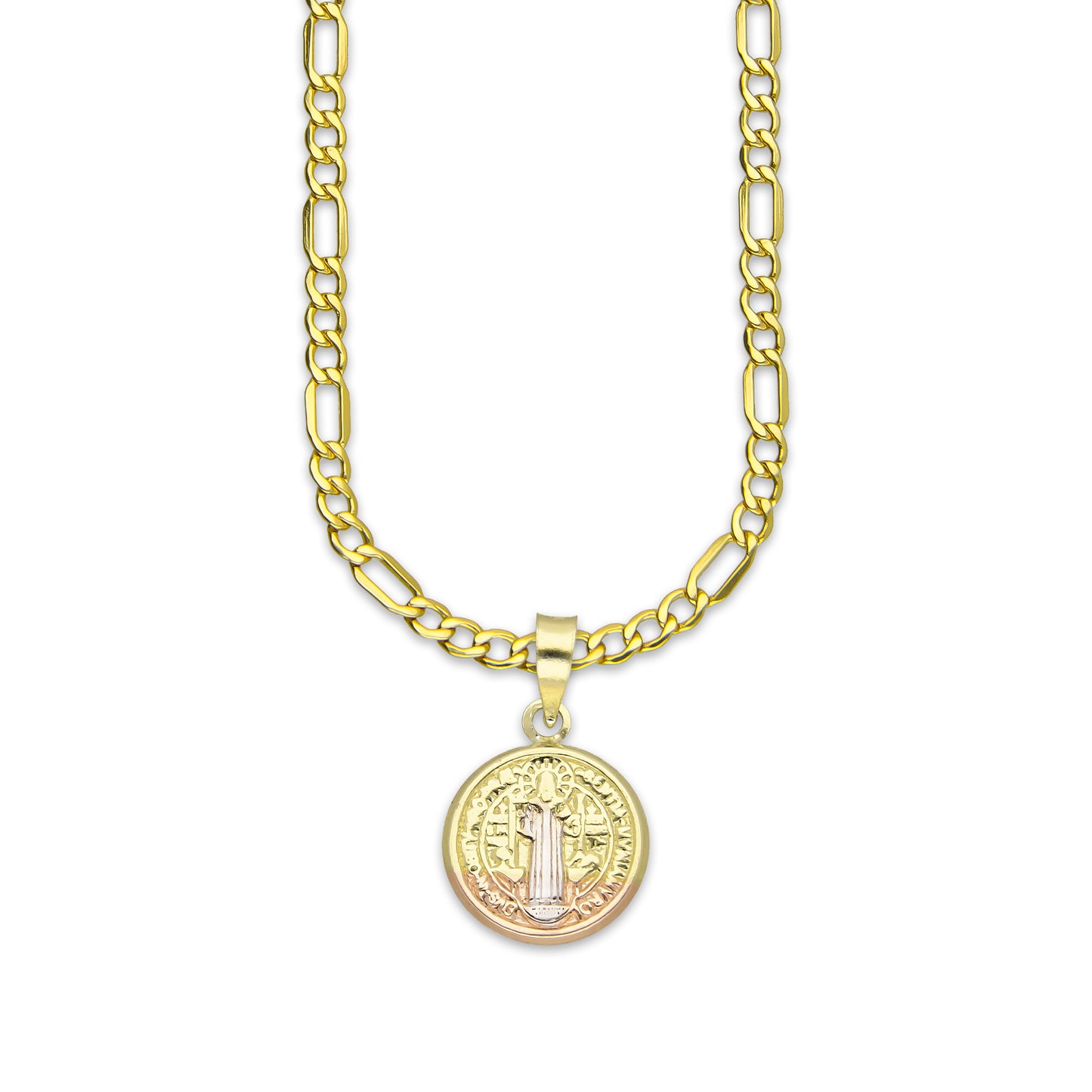 LPEDP005 Cadena Oro Sólido 10K + Dije Medalla Redonda Troquelada Oro Sólido 14K Florentino San Benito 1.3 cm x 2 cm 4293529870
