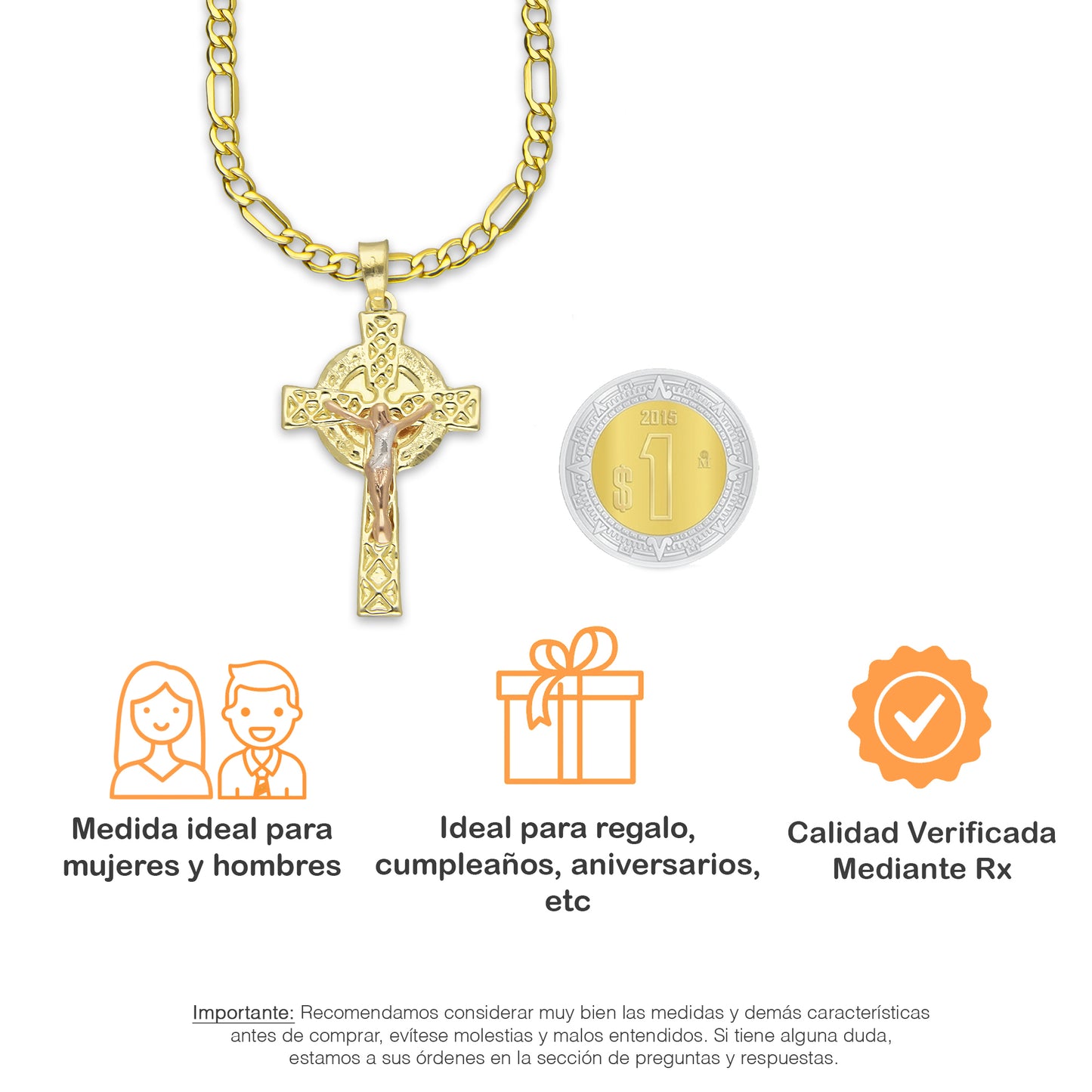 LPEDP009 Cadena Oro Sólido 10K + Dije Troquelado Oro Sólido 14K Florentino Crucifijo Cruz Celta con Cristo 1.8 cm x 3.5 cm 4293529872