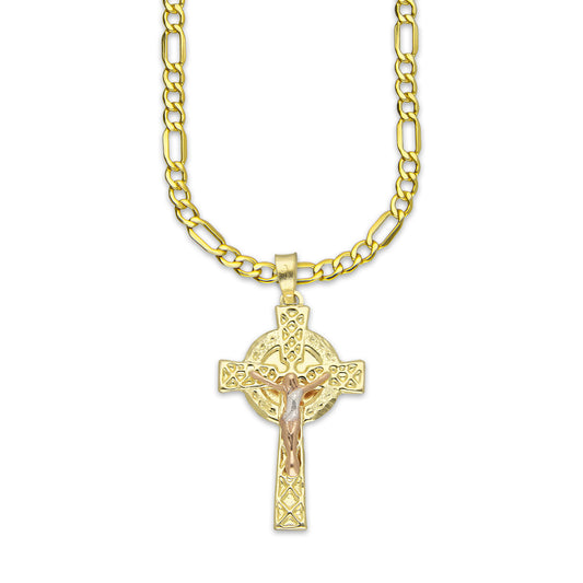 LPEDP009 Cadena Oro Sólido 10K + Dije Troquelado Oro Sólido 14K Florentino Crucifijo Cruz Celta con Cristo 1.8 cm x 3.5 cm 4293529872