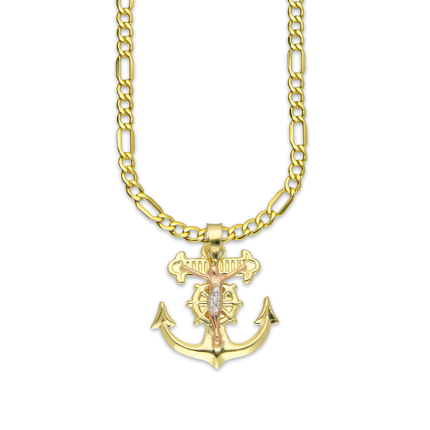 LPEDP010 Cadena Oro Sólido 10K + Dije Troquelado Oro Sólido 14K Florentino Crucifijo Ancla con Cristo 2 cm x 2.5 cm 4293711206