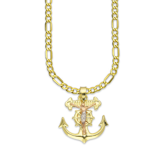 LPEDP010 Cadena Oro Sólido 10K + Dije Troquelado Oro Sólido 14K Florentino Crucifijo Ancla con Cristo 2 cm x 2.5 cm 4293711206