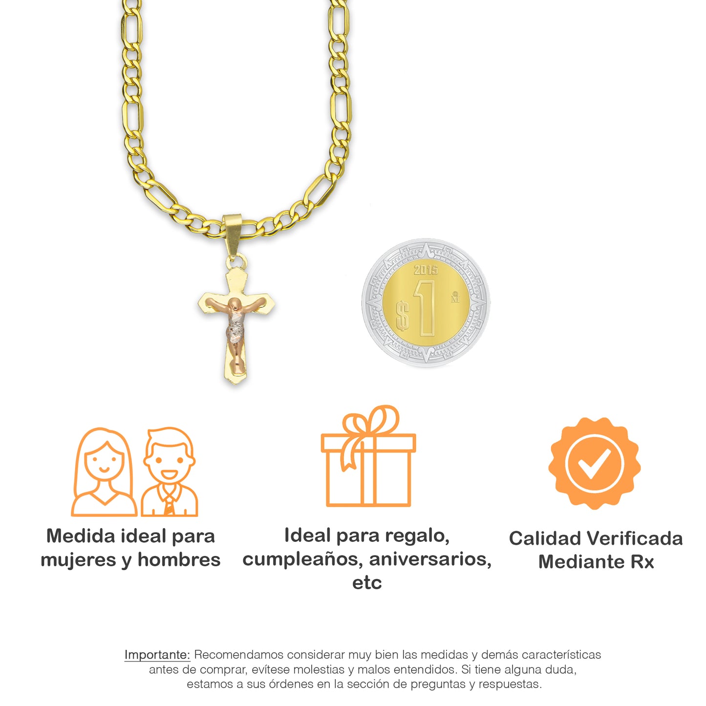 LPEDP012 Cadena Oro Sólido 10K + Dije Troquelado Oro Sólido 14K Florentino Crucifijo Cruz Lisa Goth con Cristo 1 cm x 2.4 cm 4293607530