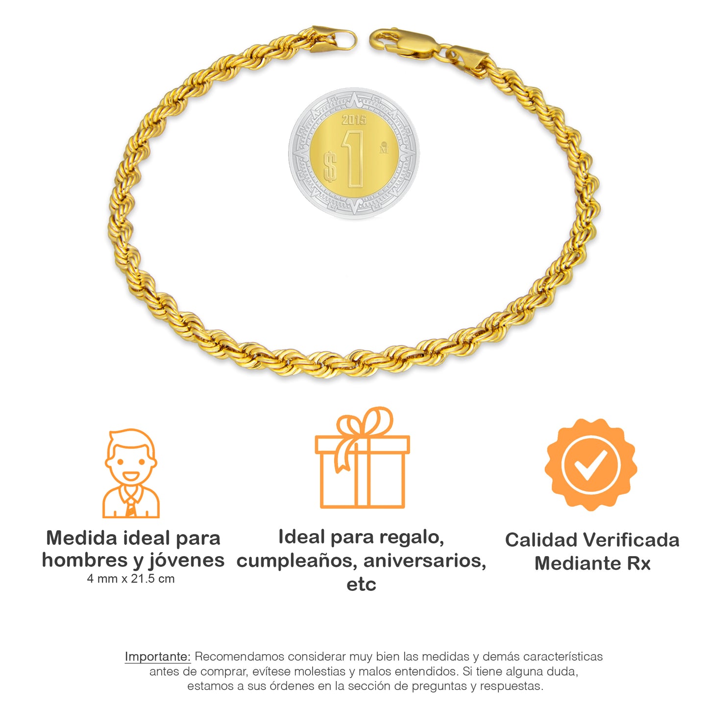 LPEPC005 Pulsera para Caballero Oro Sólido 10K Mod Torsal Lisa Súper Ligera 4 mm x 21.5 cm 4286630504