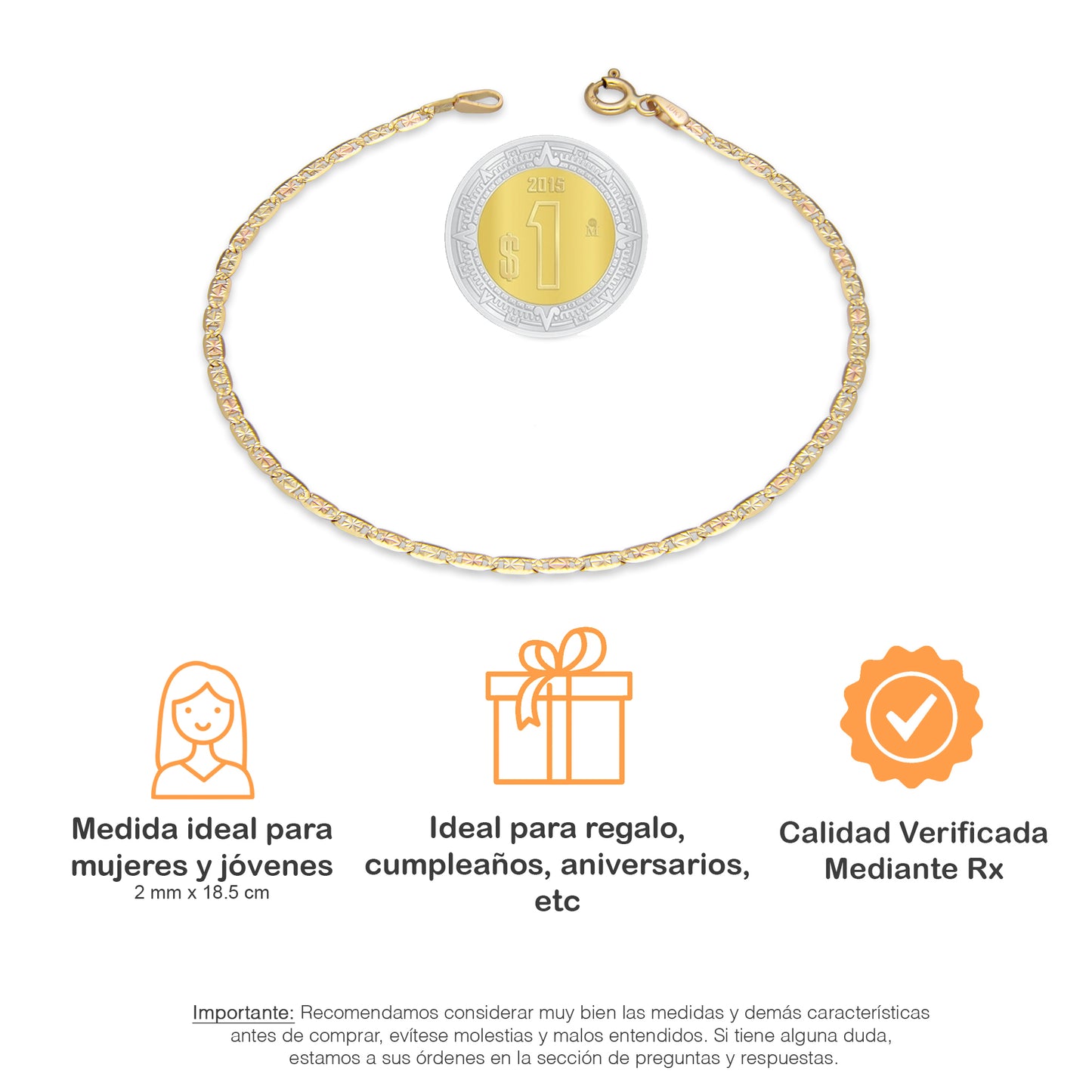 LPEPD002 Pulsera para Dama Oro Sólido 10K Mod Ancla Diamantada Florentino 2 mm x 18.5 cm 2531192873