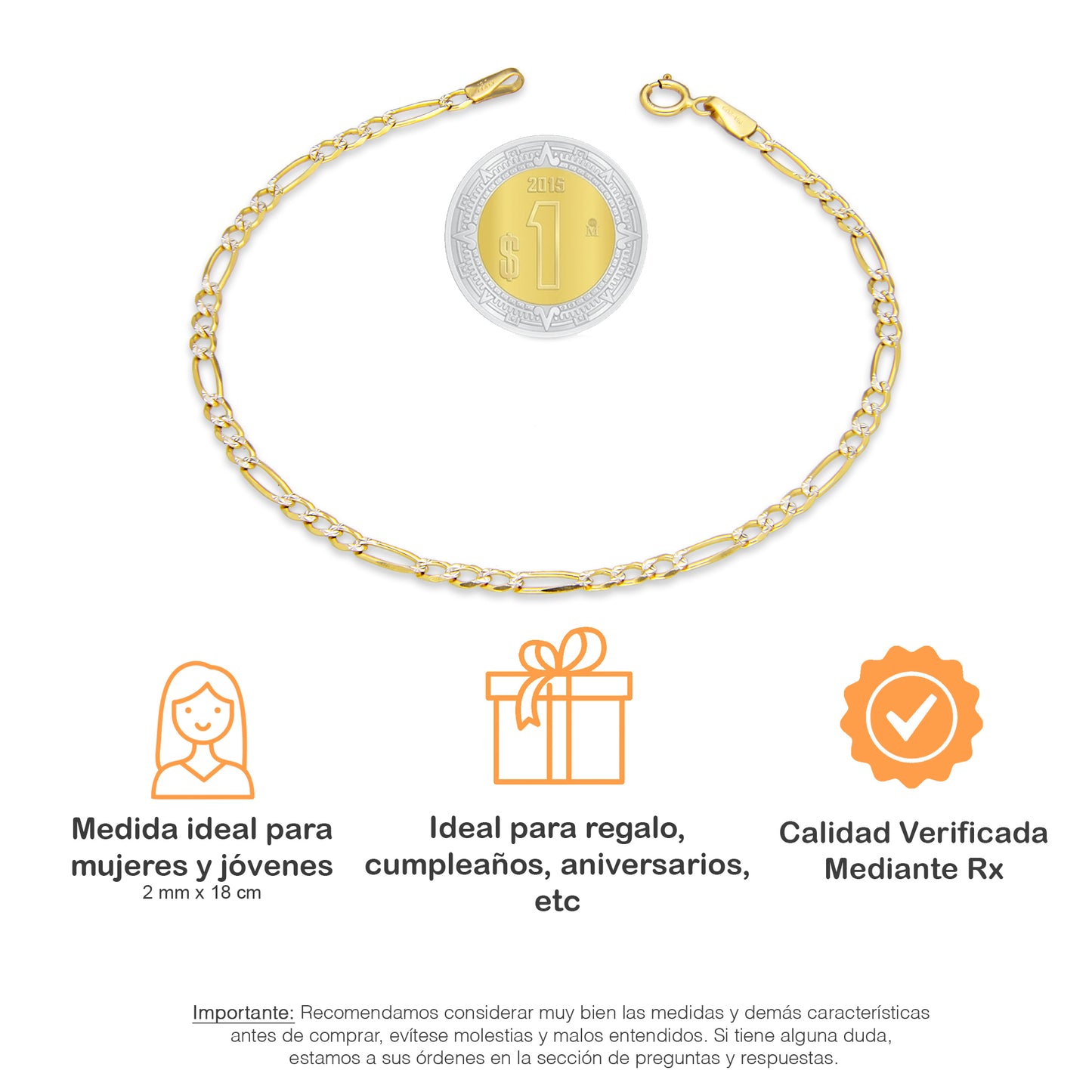 LPEPD003 Pulsera para Dama Oro Sólido 10K Mod Fígaro 3x1 Diamantada 2 mm x 18 cm 4287289196