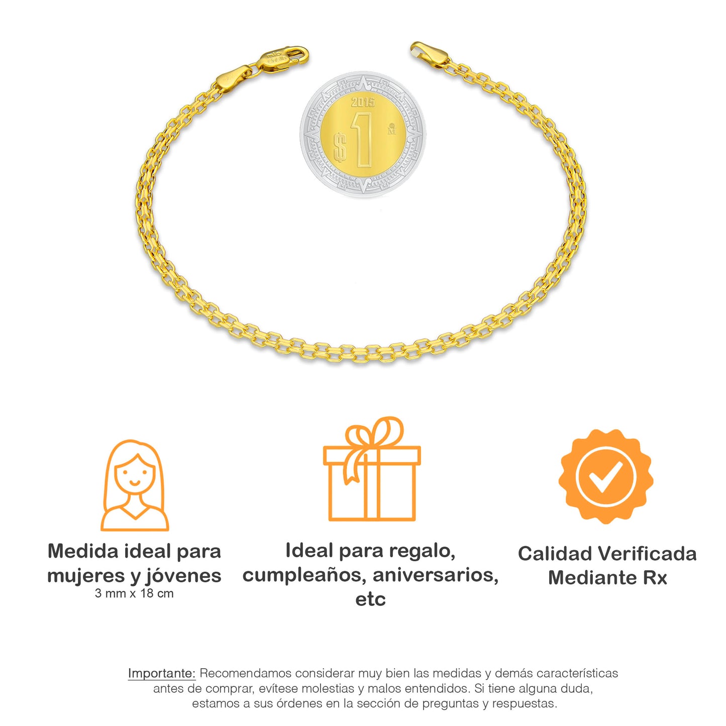 LPEPD014 Pulsera para Dama Oro Sólido 10K Mod Bizmark Súper Ligera 3 mm x 18 cm 2531143981